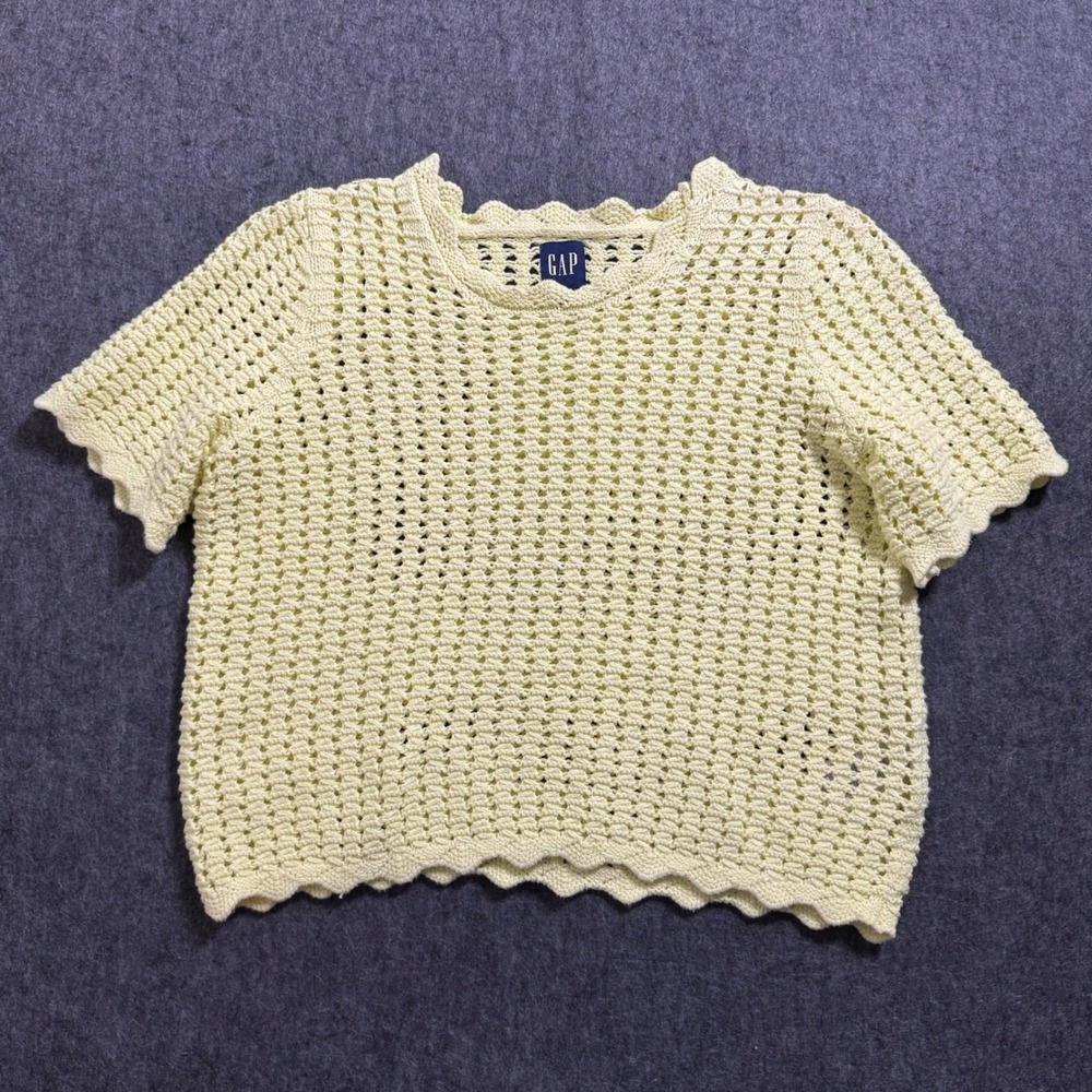 Gap Women Yellow Crochet Knit Short Sleeve Scallop Trim Top Size S Petite